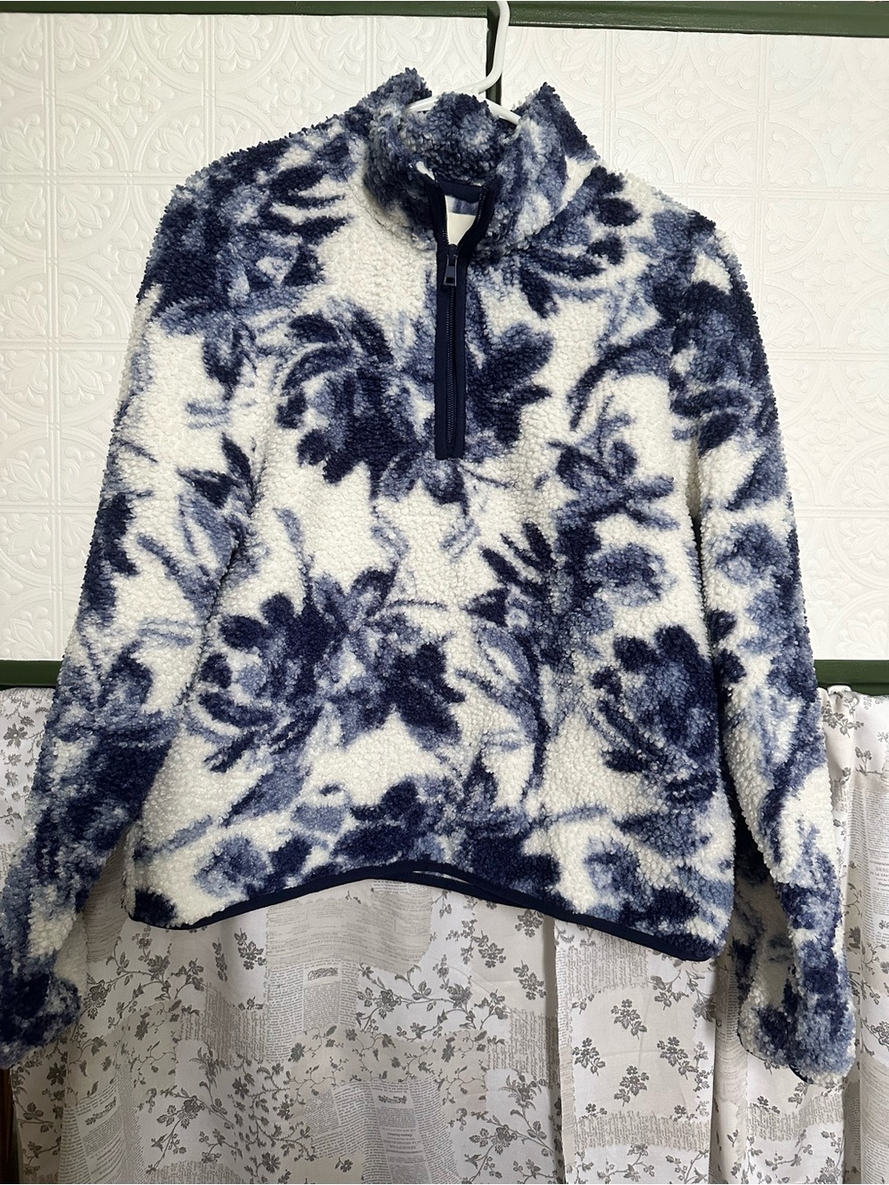 Cynthia Rowley Navy and White Floral Sherpa Half-Zip